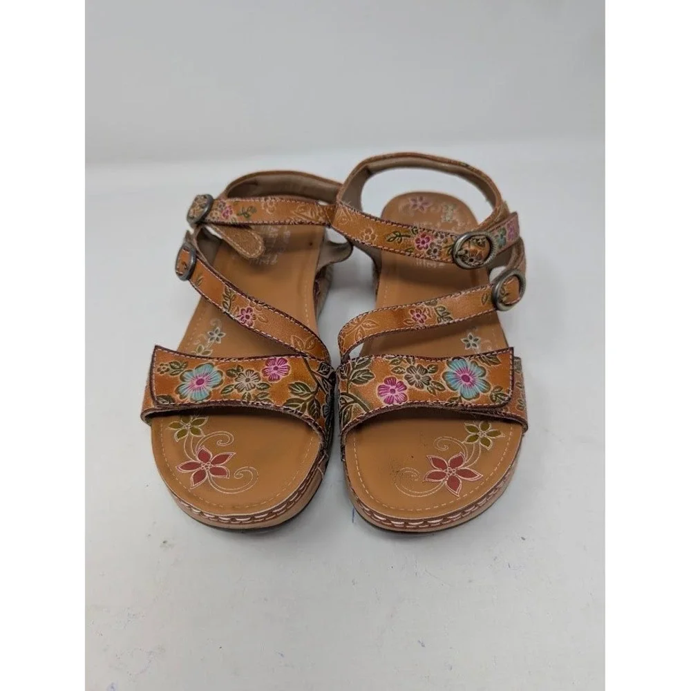 L'Artiste by Spring Step Sweetened Leather Sandals Brown Floral Wedge sz 37 US 7